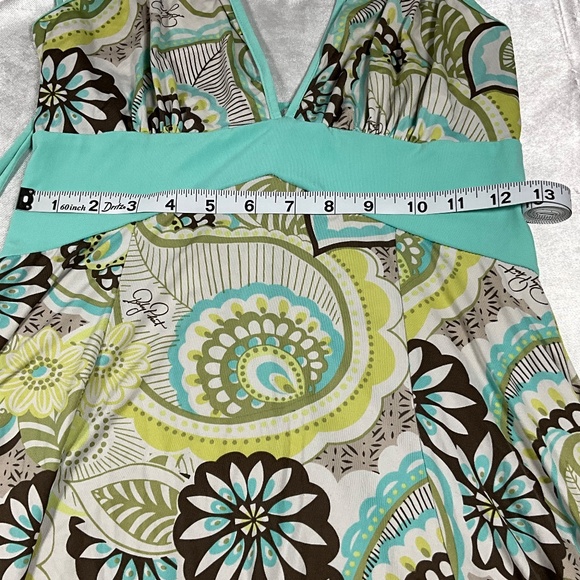 Baby Phat Halter Dress L Boho Floral Print Aqua Brown Asymmetrical Hem Y2K Retro - Picture 11 of 14